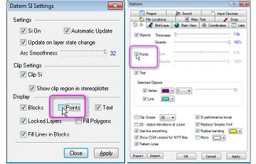 Example: “Points” may be turned off from either AutoCAD SI Settings or Summit’s Options SI tab. Performance is better if you use the AutoCAD-side SI Settings. Use the one in Summit only if the CAD/GIS side does not offer the setting.